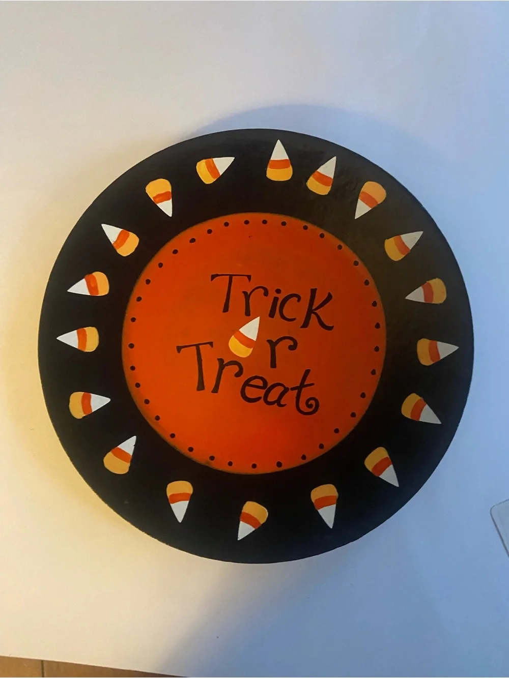Wooden bTrick or Treat Round Wall Plaque - Orange and Black Halloween Decor